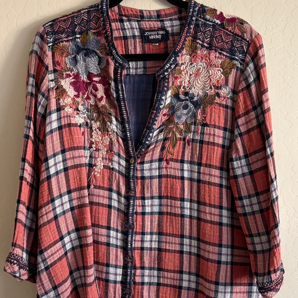 Johnny Was Multicolor Embroidered Plaid Top
